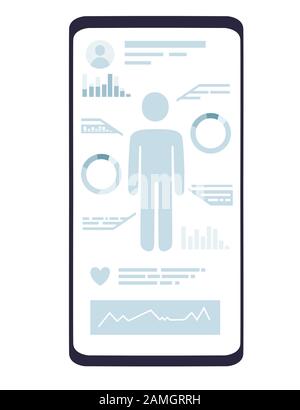Mobile medicine application with health monitoring and infographics black smartphone and gray icons on display flat vector illustration. Stock Vector