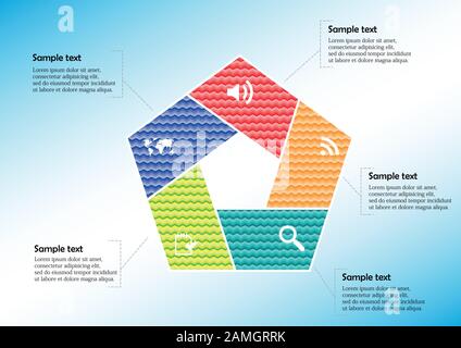 Infographic vector template with shape of pentagon. Graphic is divided to five color parts filled by patterns. Each section contains simple sign. Back Stock Vector