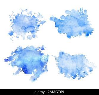 Set of watercolor spots in blue. Isolated blue spots with splashes and stains on a white background. Drawn by hand. Stock Photo