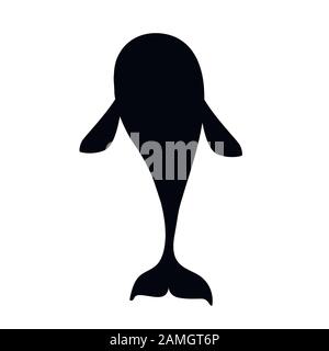 Black silhouette killer whale(Orcinus orca) cartoon animal design ocean mammal orca flat vector illustration isolated on white background. Stock Vector