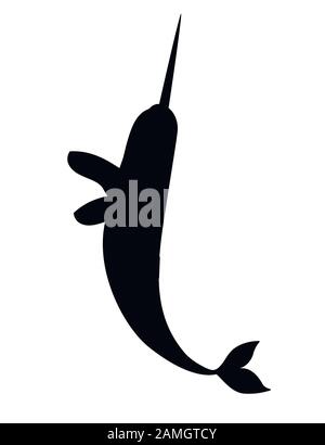 Black silhouette narwhal(Monodon monoceros) toothed whale with tusk cartoon sea character design flat vector illustration isolated on white background Stock Vector