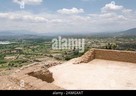 Mezquital Valley from a Mesoamerican prehispanic construction at the Pahñu archeological site, in Hidalgo, Mexico Stock Photo