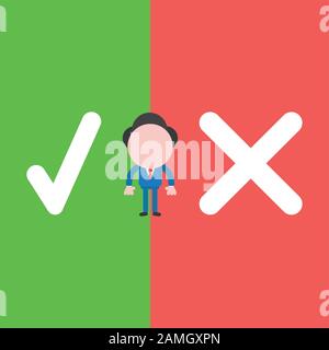 Vector illustration of faceless businessman character with check mark and x mark on green and red background. Stock Vector