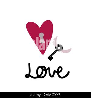Key with wings from red heart with keyhole. Valentines day greeting card. Vector illustration EPS 10. Stock Vector