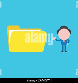 Vector illustration of faceless businessman character showing opened file folder on blue background. Stock Vector
