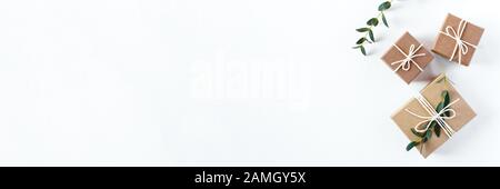 Craft gift boxes on white background. Stock Photo