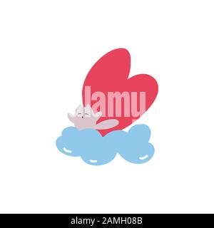 Cat with heart on the blue cloud. Valentines day greeting card. Vector illustration EPS 10. Stock Vector