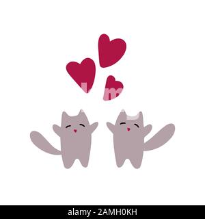 Two cute cats in love with red hearts. Valentines day greeting card. Vector illustration EPS 10. Stock Vector