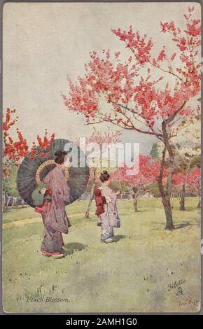 Illustrated postcard of two Japanese women dressed in traditional kimono walking in a peach tree grove admiring the peach blossoms, Japan, by artists Ella Du Cane, published by Raphael Tuck and Sons, 1910. From the New York Public Library. () Stock Photo