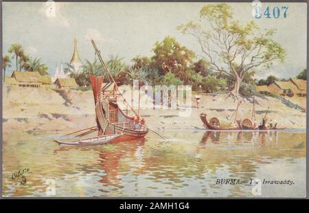 Illustrated postcard featuring boats floating down the Irrawaddy, also known as Ayeyarwady River, in Myanmar (Burma), by artist R. Talbot Kelly, published by Raphael Tuck and Sons, 1908. From the New York Public Library. () Stock Photo