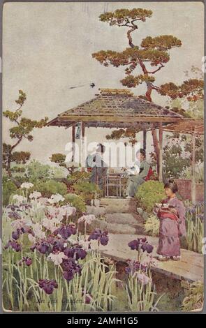 Illustrated postcard of a group of Japanese women preparing for a tea ceremony at Horikiri Shobuen Iris Garden in Tokyo, Japan, by artists Ella Du Cane, published by Raphael Tuck and Sons, 1910. From the New York Public Library. () Stock Photo