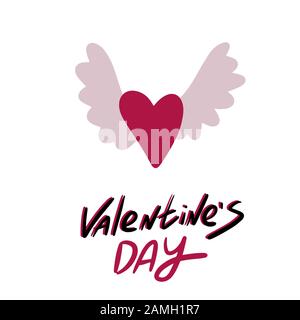 Red heart with grey wings. Valentines day lettering. Vector illustration EPS 10. Stock Vector