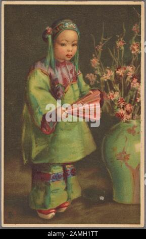Illustrated postcard featuring a Chinese girl dressed in traditional clothing, holding a fan and standing next to a vase, published by Raphael Tuck and Sons, 1906. From the New York Public Library. () Stock Photo