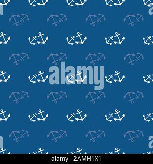Hand drawn white vector sets of anchors with alternating transparent rows. Seamless geometric pattern on navy blue background. Great for watersport Stock Vector