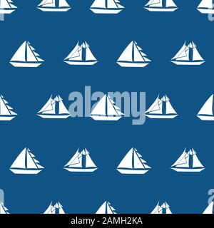Fun hand drawn white sailing boats of different sizes in geometric design. Seamless vector pattern on navy blue background. Great for nautical themed Stock Vector