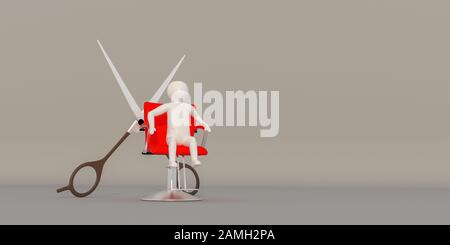 A scissors and red chair of the Beautician, The white character on the red chair. 3d rendering Stock Photo