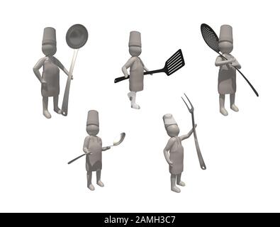 3d illustrator group of career chef symbols on a gray background, 3d rendering of the cooking. Includes a selection path. Stock Photo