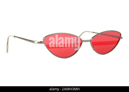 Red Sunglasses with stripe and silver metal thin frame isolated on white, side view. Stock Photo
