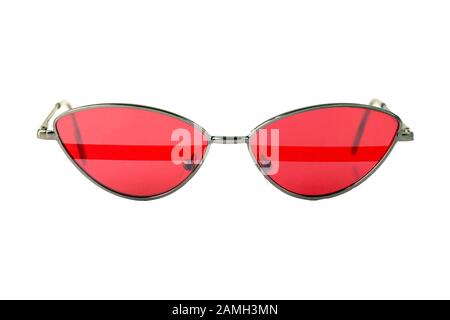 Red Sunglasses with stripe and silver thin frame isolated on white, front view. Stock Photo
