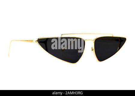 Black Triangular Aviator Sunglasses with Gold Earpiece Isolated on White  - Side View Stock Photo