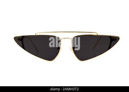 Black Triangular Aviator Sunglasses with Gold Earpiece Isolated on White - Front View Stock Photo