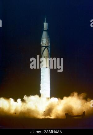 Photograph featuring the launch of Jupiter-C/Explorer 1 at Cape Canaveral, Florida, United States, January 31, 1958. Image courtesy NASA. () Stock Photo