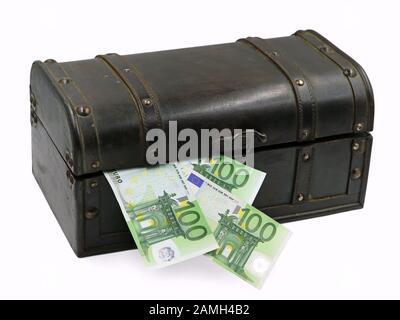 Treasure chest with hundred euro banknotes isolated on white background Stock Photo