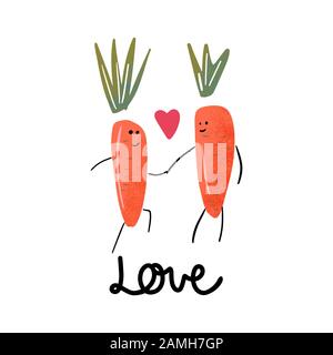 Two orange carrot in love. Valentines day greeting card. Vector illustration EPS 10. Stock Vector