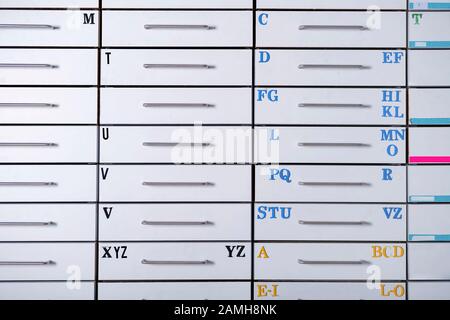 pharmacy cabinet closeup from side of drawers Stock Photo