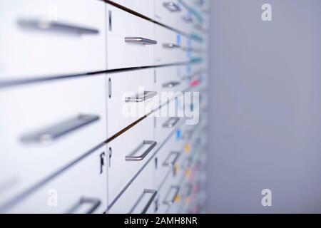 pharmacy cabinet closeup from side of drawers Stock Photo