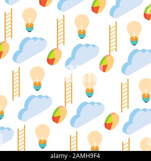 pattern of cloud with stairs and pie chart on white background vector illustration design Stock Vector