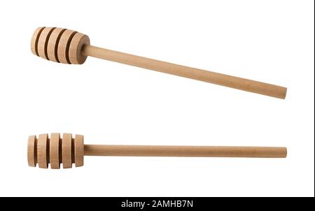 Wooden spoon for honey isolated on white background. New empty honey dipper. Traditional utensil for liquid sweetness.  Front view. Stock Photo