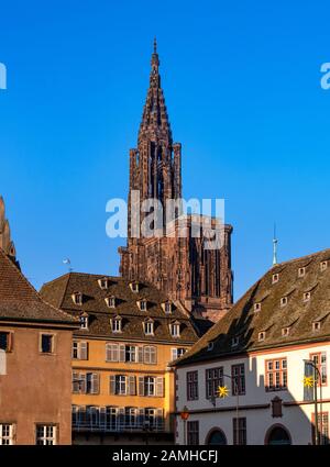 Details of the Strasbourg Cathedral. Architectural and sculptural elements of the facade and tower. France. Stock Photo