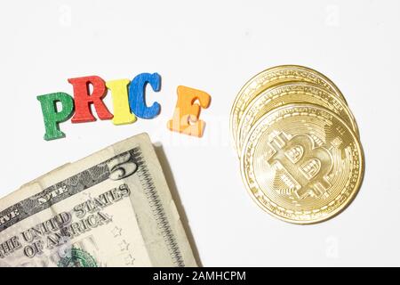 Price of bitcoin concept. Coins and money on white background with word price made with letterboard Stock Photo