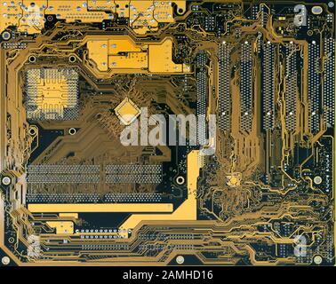 Electronic circuitsat backside of personal computer mainboard Stock Photo