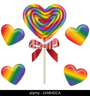 set isolated heart shaped lollipop and gummy candies with the colors of the rainbow Stock Photo
