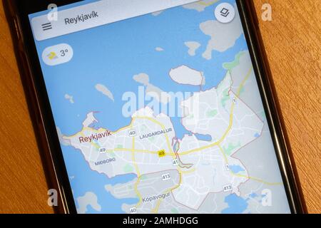 Saint-Petersburg, Russia - 10 January 2020: Map of Reykjavik city on phone screen close-up top view with copy space, Illustrative Editorial Stock Photo