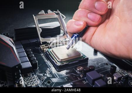 Close up to technician squeezing or application the thermal paste compound on the top of main cpu in the socket. Concept of repairing or upgrading Stock Photo