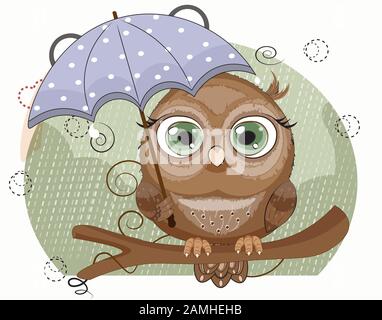 Owl with green eyes, on a branch, with umbrella under rain. Picture in hand drawing cartoon style, for t-shirt wear fashion print design, greeting car Stock Vector
