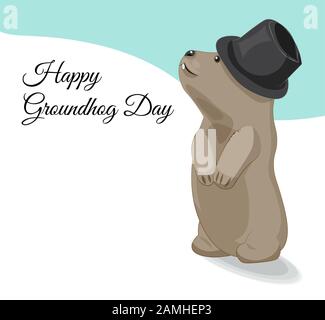 American Groundhog day surk in hat and with shadow looks into sky, standing on snow. Picture in hand drawing cartoon style, for greeting card, party i Stock Vector