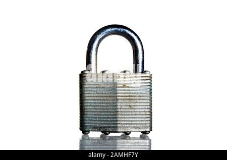 Locked old padlock - studio shot on white background Stock Photo