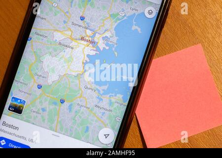 Map of Boston city on phone screen close-up top view with copy space Stock Photo