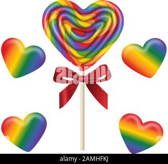 set isolated heart shaped lollipop and gummy candies with the colors of the rainbow Stock Vector