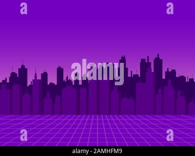 Cityscape. View of the night city with skyscrapers in the style of the 80s, retro futurism, sci-fi city silhouette. Vector illustration Stock Vector