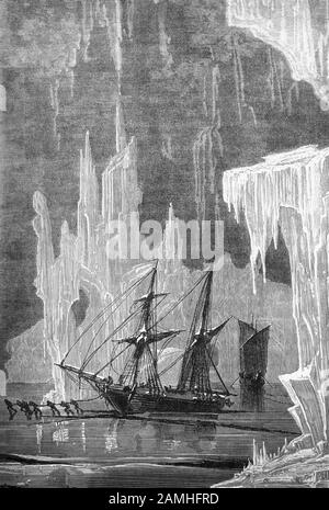 19th century engraving of a ship trapped in ice in the arctic Stock ...
