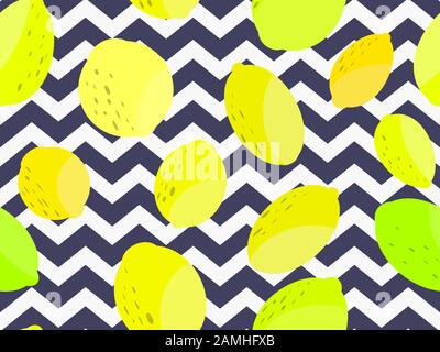 Lemon seamless pattern. Yellow and green lemons and lime on a striped background. Background for brochures, promotional material and wallpaper. Vector Stock Vector