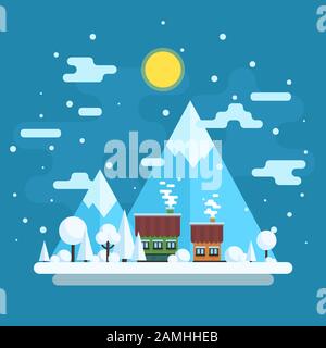 Winter daytime landscape. Houses on a background of mountains. Vector flat illustration. Stock Vector