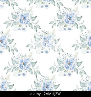 Blue flowers and plant twigs hand drawn aquarelle seamless pattern. Botanical composition, flower arch texture. Decorative flax and leaves watercolor Stock Photo
