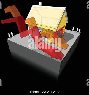 Diagram of a detached house with additional wall and roof isulation and two falling business diagram arrows diagram Stock Vector