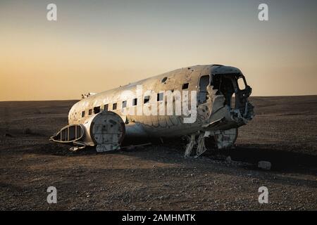 US Navy crashed DC3 in Sólheimasandur, near Hofn in Iceland. The plane crashed in 1973 with 7 crew on board, who were uninjured. Stock Photo